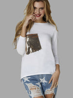 Wholesale Round Neck Sequins Embellished Long Sleeve White T-Shirts
