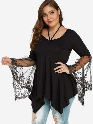 Wholesale Scoop Neck Plain Lace Lace-Up Long Sleeve Irregular Hem Black Plus Size Tops