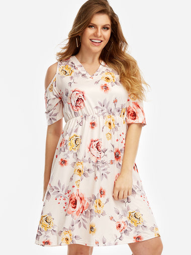 Wholesale V-Neck Cold Shoulder Floral Print Cut Out Half Sleeve Plus Size Dresses