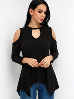 Wholesale Crew Neck Cold Shoulder Cut Out 3/4 Sleeve Irregular Hem Black T-Shirts