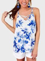 Wholesale V-Neck Floral Print Hollow Sleeveless Grid Camis