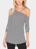 Wholesale Asymmetrical Cold Shoulder Stripe Long Sleeve T-Shirts