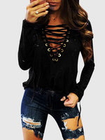 Wholesale Deep V-Neck Lace-Up Long Sleeve T-Shirts