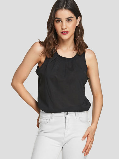 Wholesale Round Neck Plain Pleated Sleeveless Black Camis