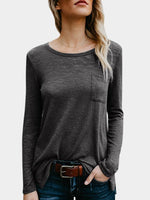 Wholesale Crew Neck Side Pockets Long Sleeve Grey T-Shirts