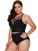 Wholesale Crossed Collar Criss-Cross Sleeveless High-Waisted Black Plus Size Swimwear