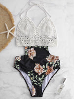 Wholesale Sleeveless Floral Print Crochet Lace Embellished Backless Tie-Up One-Pieces