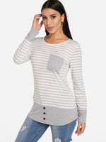 Wholesale Round Neck Stripe Long Sleeve Curved Hem White Top