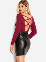 Wholesale V-Neck Plain Crossed Front Backless Long Sleeve Burgundy T-Shirts