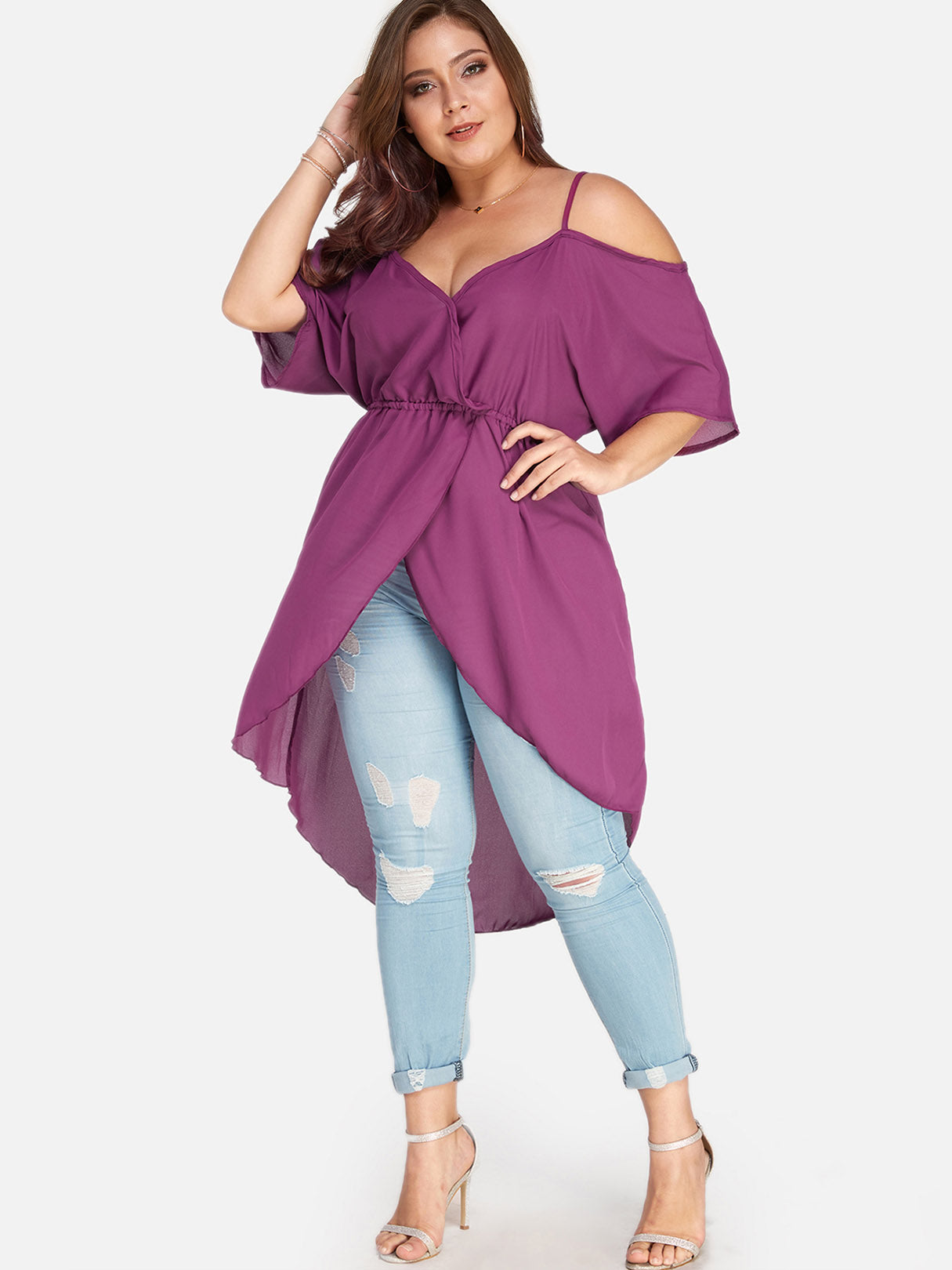 Wholesale Cold Shoulder Plain Backless Half Sleeve Irregular Hem Plus Size Tops