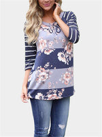 Wholesale Round Neck Stripe Floral Print 3/4 Sleeve Curved Hem T-Shirts
