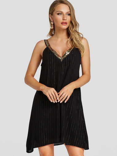 Wholesale Black V-Neck Sleeveless Plain Backless Sequins Embellished Spaghetti Strap Dresses