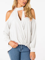 Wholesale V-Neck Cold Shoulder Crossed Front Long Sleeve Top