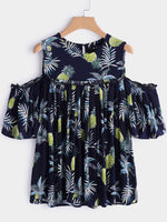 Wholesale Round Neck Floral Print Pleated Half Sleeve Flounced Hem Plus Size Tops