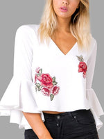 Wholesale V-Neck Embroidered Cut Out 3/4 Sleeve White Top