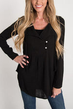 Wholesale V-Neck Plain Long Sleeve Curved Hem Black Blouses
