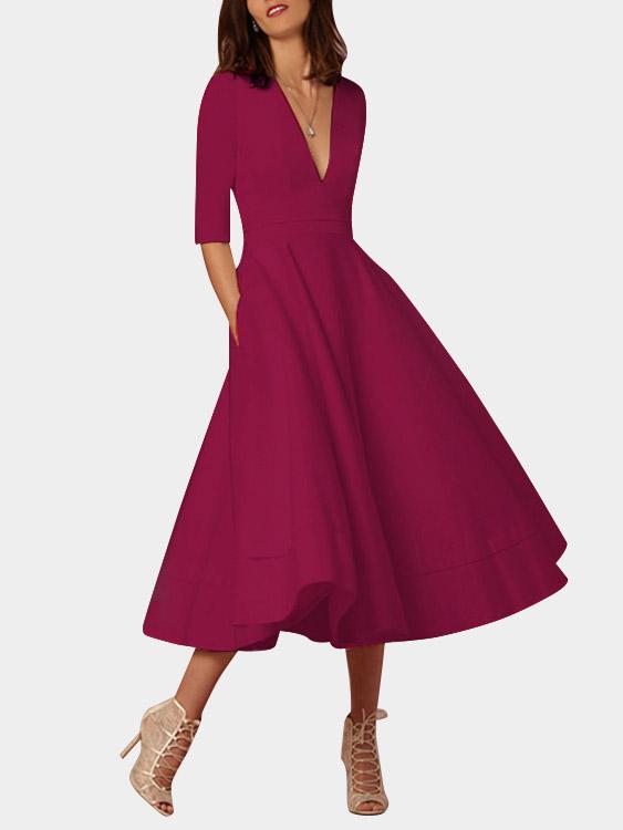 NEW FEELING Womens Burgundy V-Neck Dresses