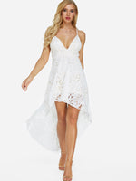 Wholesale White V-Neck Sleeveless Lace Backless High-Low Hem Dresses