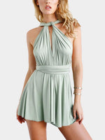 Wholesale Green V-Neck Sleeveless Backless Lace-Up Ruffle Hem Dresses