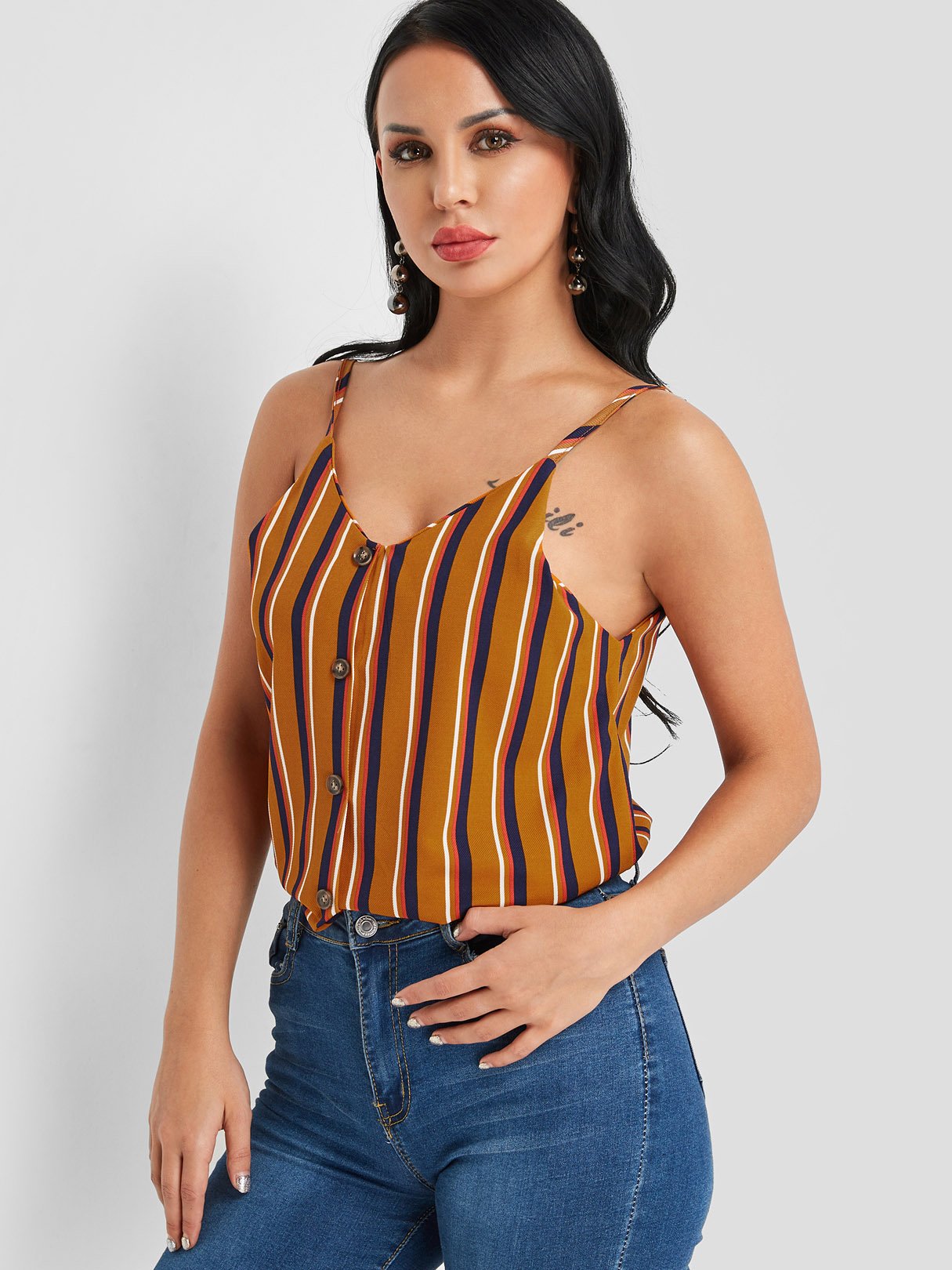 Wholesale V-Neck Stripe Spaghetti Strap Sleeveless Brown Camis