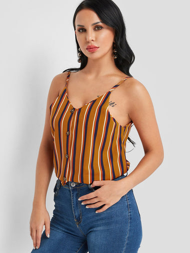 Wholesale V-Neck Stripe Spaghetti Strap Sleeveless Brown Camis