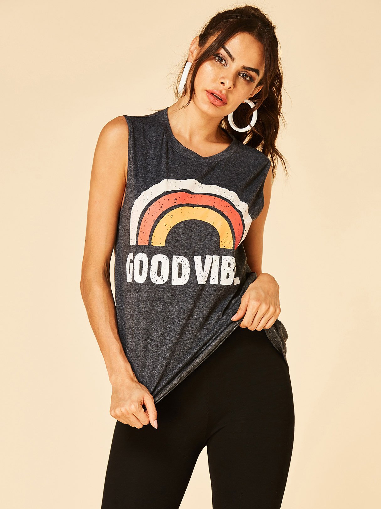 Wholesale Round Neck Printed Sleeveless Dark Gray Tank Top