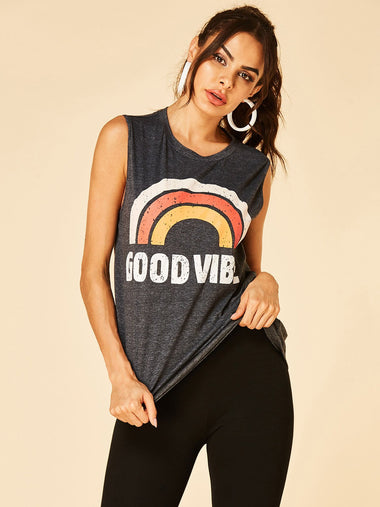 Wholesale Round Neck Printed Sleeveless Dark Gray Tank Top