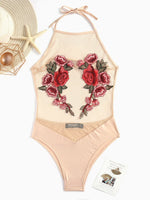 Wholesale Halter Sleeveless Embroidered See Through One-Pieces Swimsuits