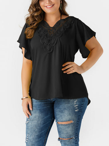 Wholesale V-Neck Plain Lace Short Sleeve Plus Size Tops