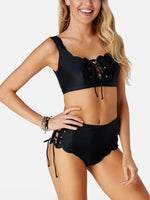 Wholesale Black Sleeveless Plain Backless Lace-Up High Waist 2 Piece Bikinis