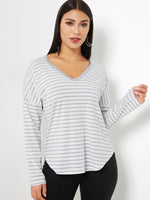 Wholesale V-Neck Stripe Hooded Long Sleeve High-Low Hem White T-Shirts
