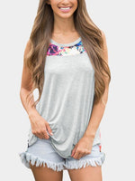 Wholesale Round Neck Floral Print Sleeveless Curved Hem Grey Tank Top