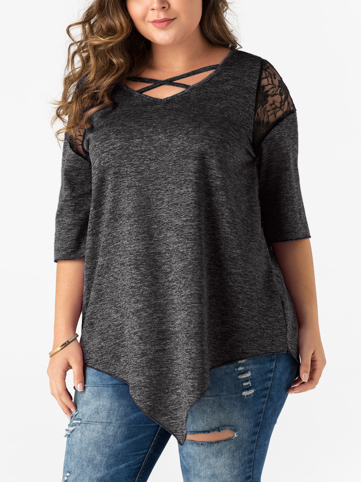 Wholesale V-Neck Plain Lace Half Sleeve Irregular Hem Plus Size Tops