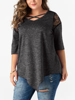 Wholesale V-Neck Plain Lace Half Sleeve Irregular Hem Plus Size Tops