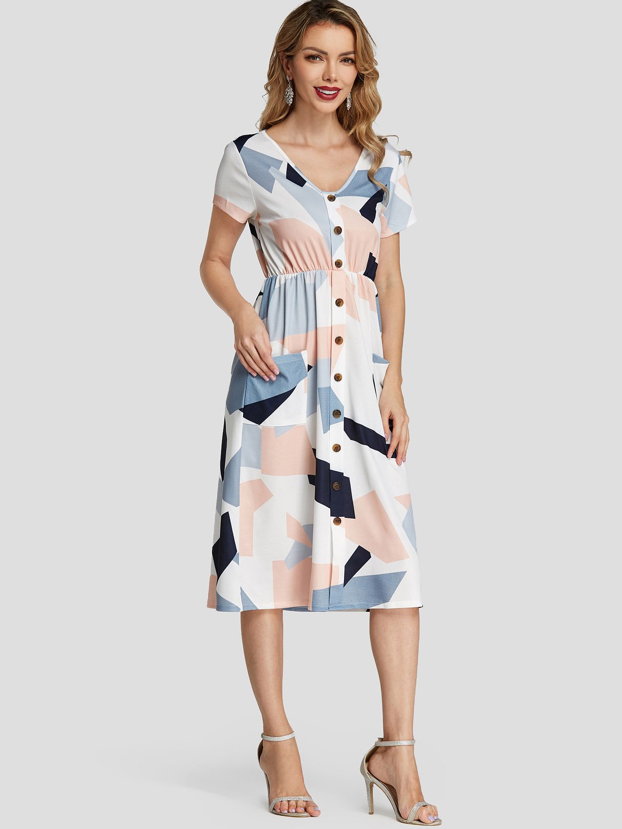 Wholesale V-Neck Short Sleeve Geometrical Self-Tie Dresses