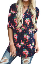 Wholesale Random Floral Print V-Neck Long Sleeves Curved Hem Blouses