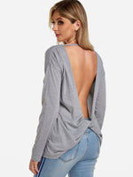 Wholesale Round Neck Backless Long Sleeve Grey T-Shirt
