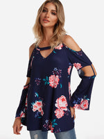 Wholesale Cold Shoulder Floral Print Cut Out Long Sleeve Top