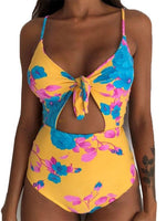 Wholesale Halter V-Neck Sleeveless Floral Print Cut Out Criss-Cross Tie-Up Bikinis