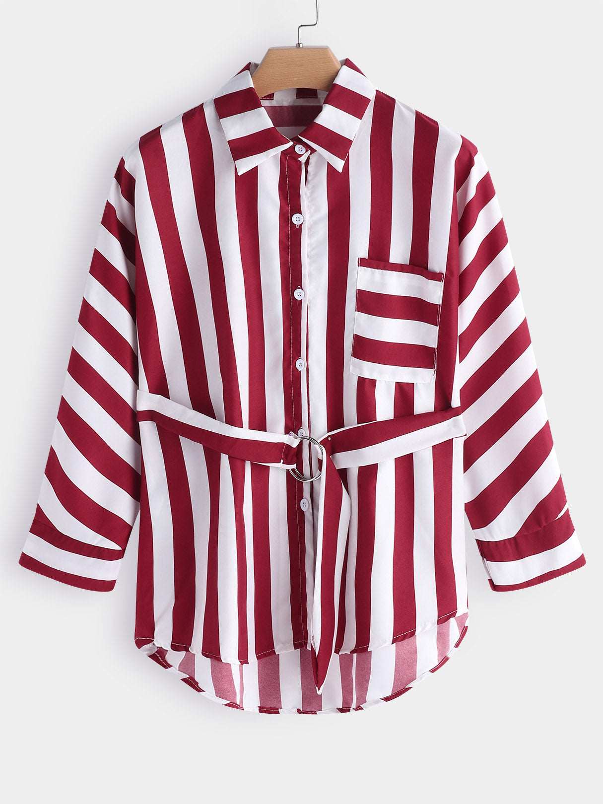 Wholesale Classic Collar Stripe Lace-Up Long Sleeve Plus Size Tops