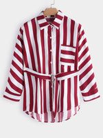 Wholesale Classic Collar Stripe Lace-Up Long Sleeve Plus Size Tops