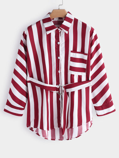 Wholesale Classic Collar Stripe Lace-Up Long Sleeve Plus Size Tops