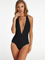 Wholesale Black Deep V Neck Sleeveless Plain Backless Tie-Up High Waist One-Pieces