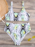 Wholesale White Scoop Neck Sleeveless Snake High-Waisted Two Piece Bikinis