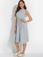 Wholesale Grey Round Neck Sleeveless Grid Self-Tie Casual Dress