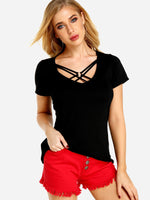 Wholesale V-Neck Lace-Up Short Sleeve Black T-Shirts