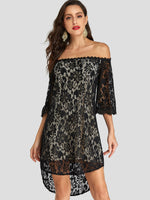 Wholesale Black Off The Shoulder 3/4 Length Sleeve Sheer See Through Curved Hem Dresses