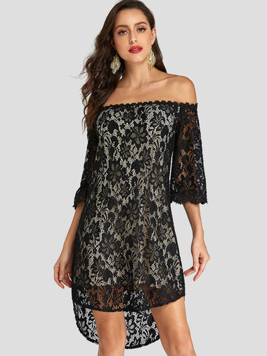 Wholesale Black Off The Shoulder 3/4 Length Sleeve Sheer See Through Curved Hem Dresses