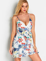 Wholesale White V-Neck Sleeveless Floral Print Lace-Up Flounced Hem Mini Dress