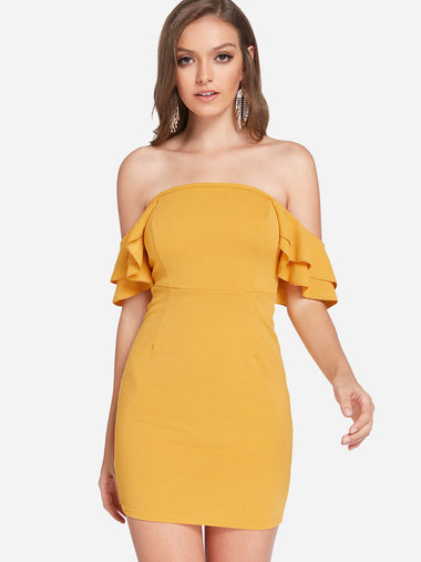 Wholesale Yellow Off The Shoulder Sleeveless Plain Backless Dresses